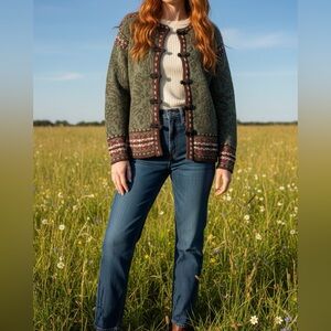 Nordic Design Cabin Olive Green Wool-Blend Crew Cardigan Sweater